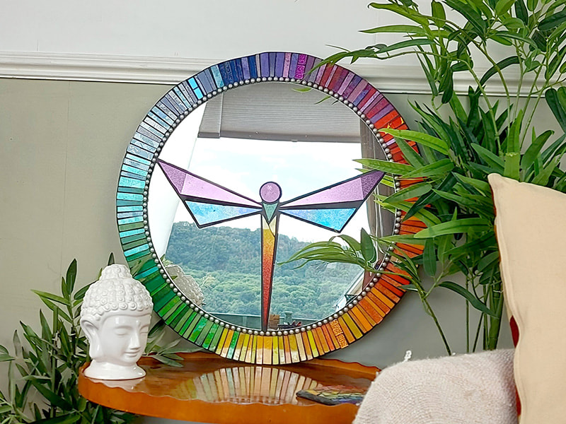 Colourful dragonfly mosaic mirror - made by Famos Mosaics