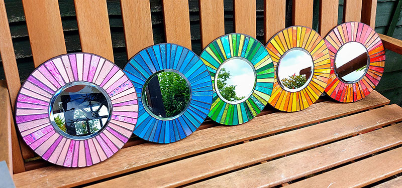 Multi-coloured round mosaic mirror set - made by Famos Mosaics