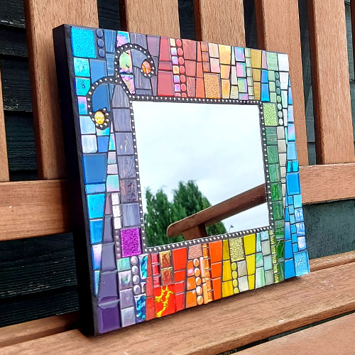 Rainbow square mosaic mirror - made by Famos Mosaics